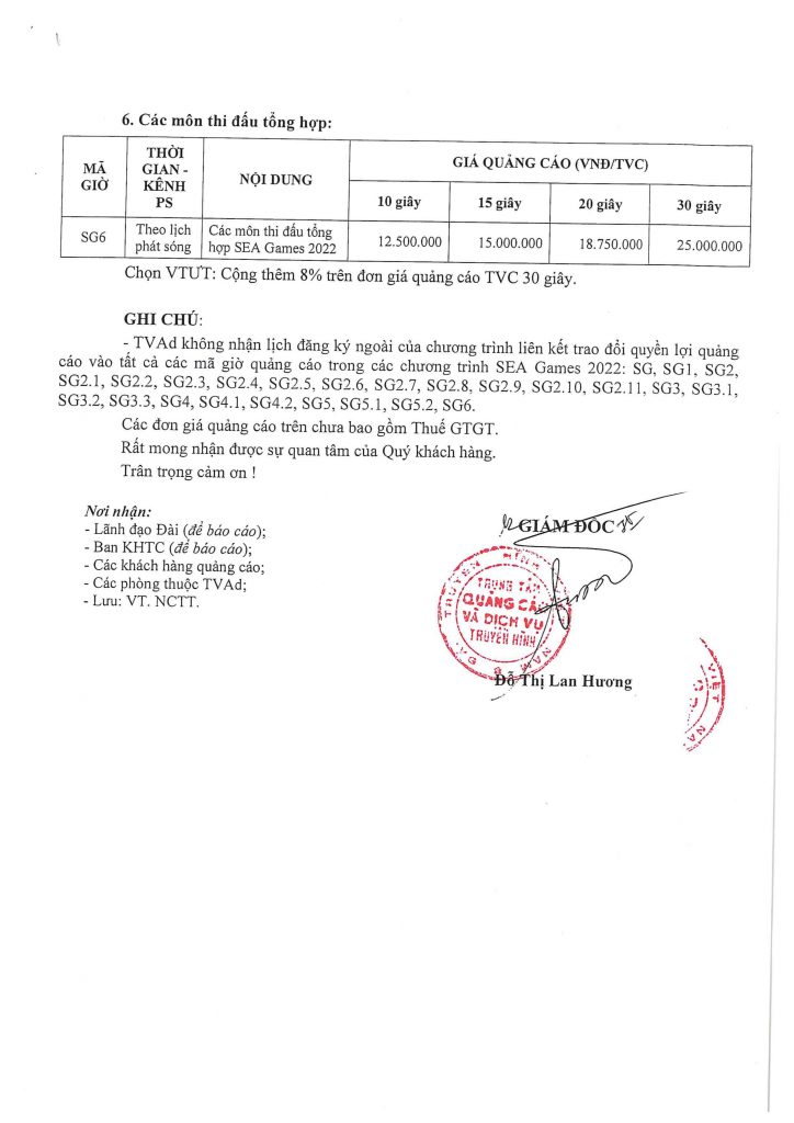 Đơn giá quảng cáo Seagame 31