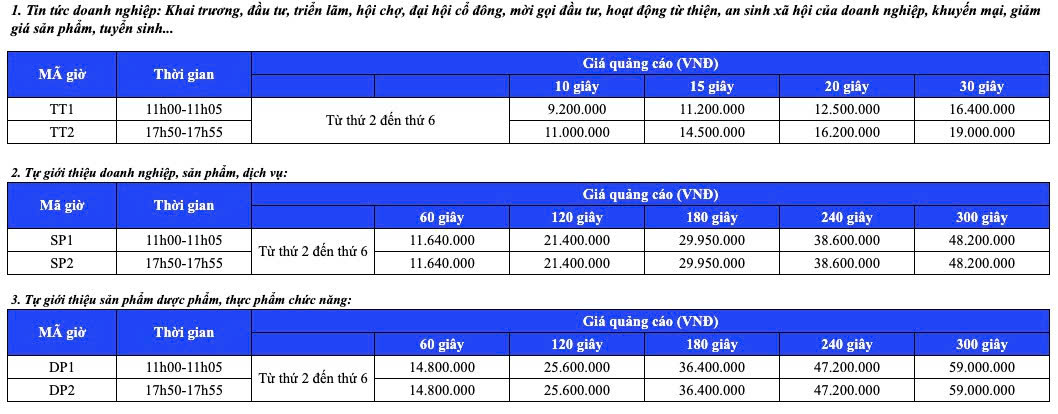Bảng giá quảng cáo Thông Tin 260 VTV3 năm 2026