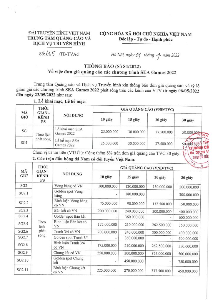 Bảng giá Quảng cáo Seagame 31 2022