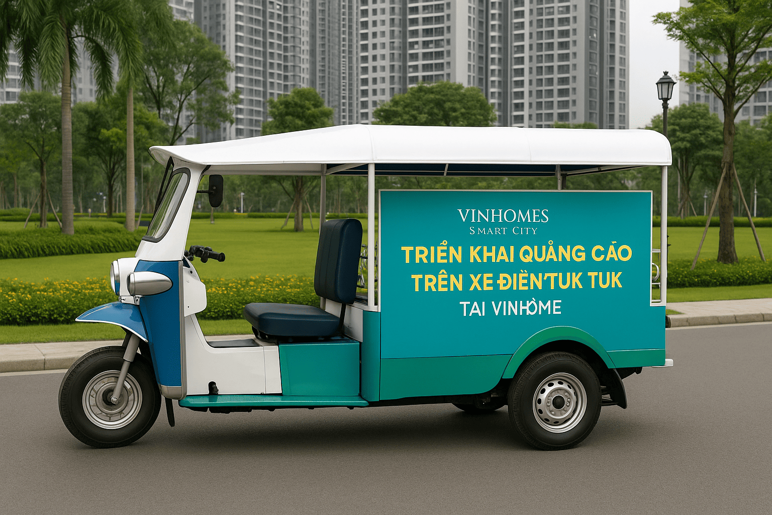 Triển Khai Quảng Cáo Trên Xe Điện Tuk Tuk Tại Vinhomes Smart