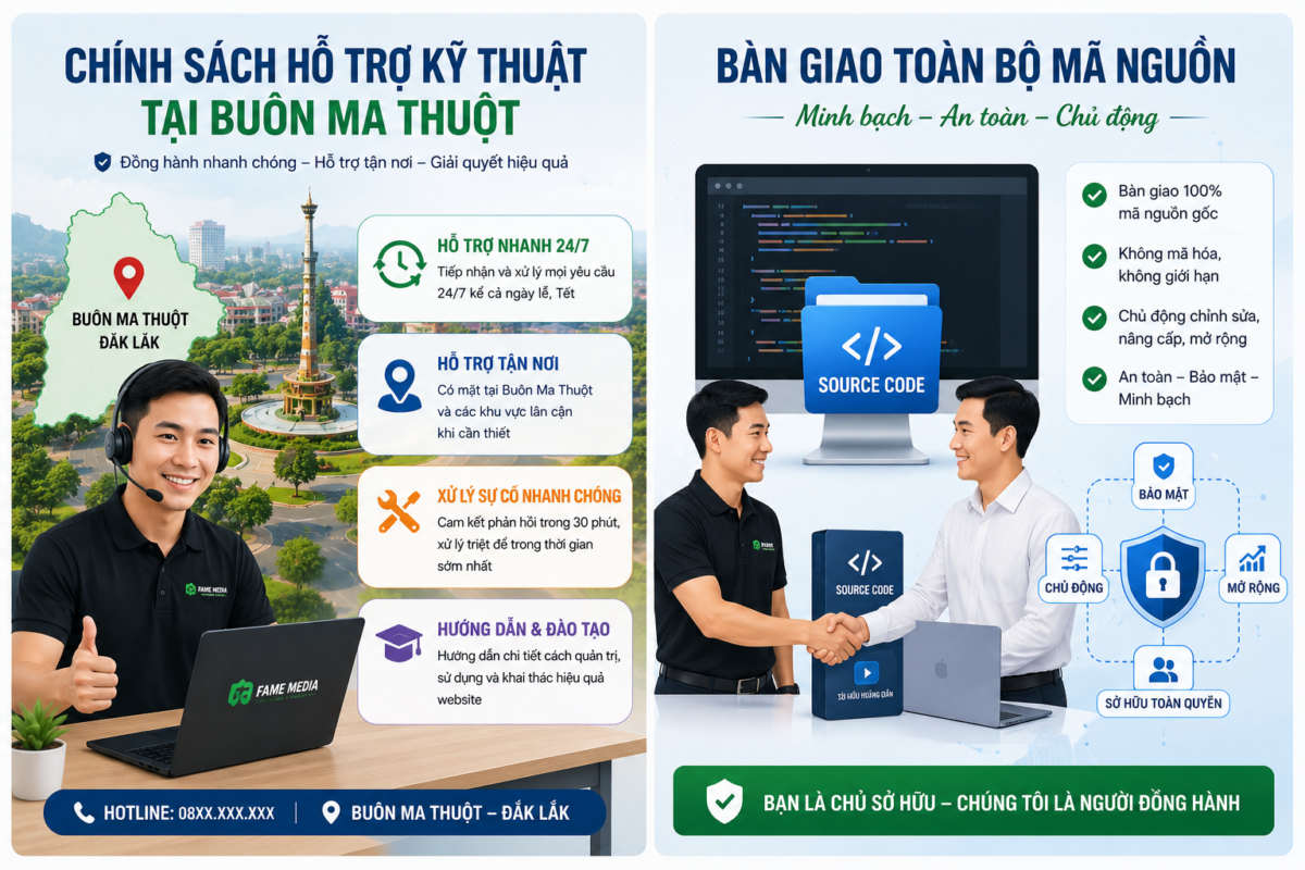 Chính sách hỗ trợ kỹ thuật tại Buôn Ma Thuột và bàn giao toàn bộ mã nguồn