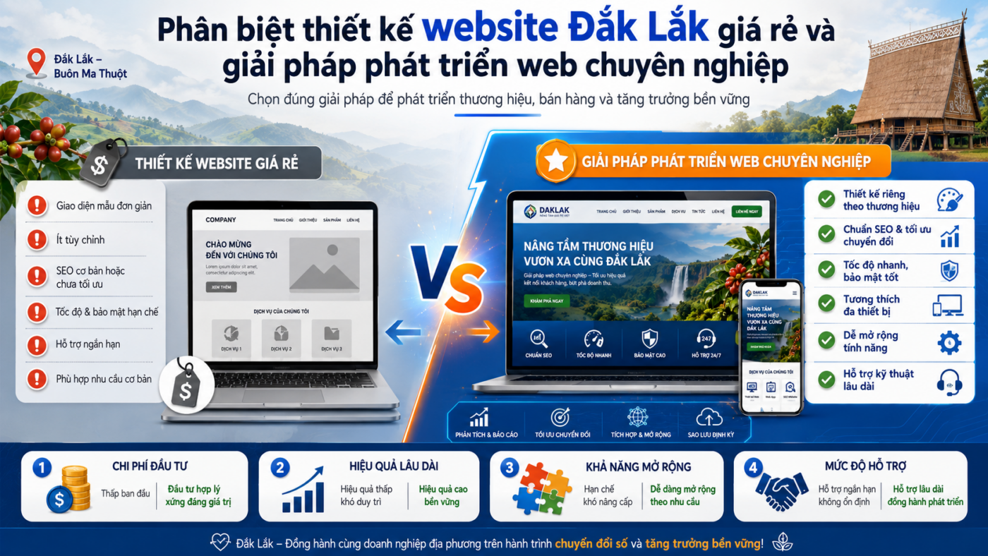 Phân biệt thiết kế website Đắk Lắk giá rẻ và giải pháp phát triển web chuyên nghiệp