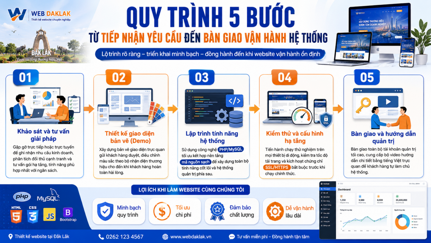 Quy trình triển khai dịch vụ làm web trọn gói và cam kết bảo hành kỹ thuật trọn đời của chúng tôi