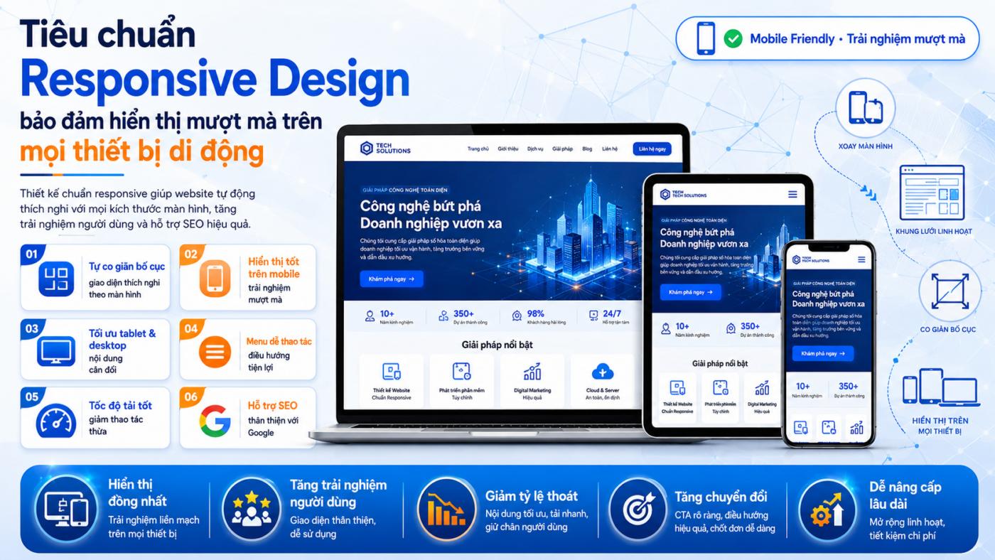 Tiêu chuẩn Responsive Design bảo đảm hiển thị mượt mà trên mọi thiết bị di động